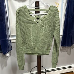 Aeropostale Green V-Neck Sweater with Crisscross Design